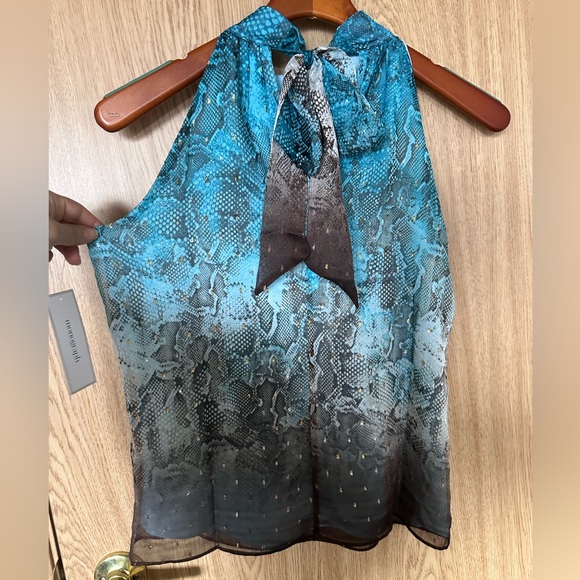 New Monograph Blue/Brown Snake Sheer Sleeveless Back Tie Blouse Women’s 0P - Picture 4 of 8